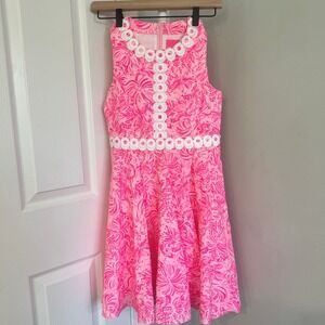 Lilly Pulitzer Girls Mini Idala Dress, Pink/White Lace Detail, Size 14 Fit Flare